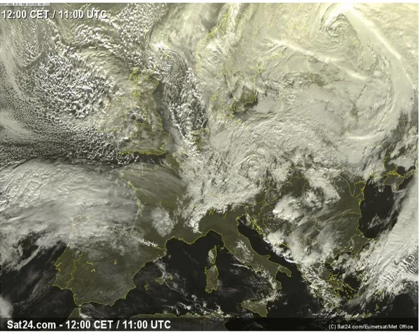 Figura 2.1: Immagine satellitare a infrarossi del continente europeo dove si nota l’assenza di nubi sotto alle Alpi