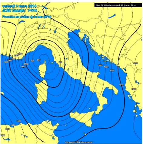 Figura 2.5: Mappa dell’Italia con valori di pressione a livello del mare. (Fonte immagine: Meteociel.fr )