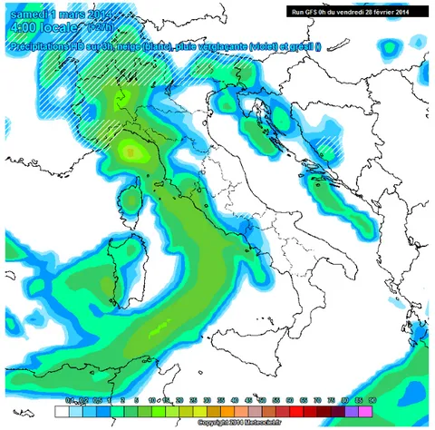 Figura 2.6: Mappa dell’Italia con valori di precipitazione nell’arco temporale di 3 ore espressi in mm
