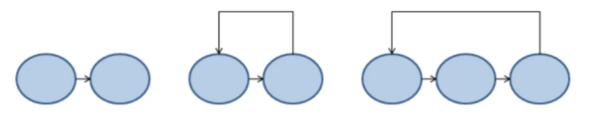 Fig. 1.1. Da sinistra a destra: rapporto causa-effetto lineare,   feedback diretto e feedback indiretto tra componenti di un sistema 