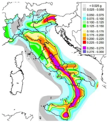 Fig. 1.4: Carta della pericolosità sismica in Italia – periodo di riferimento: 50 anni (2004-2054) 