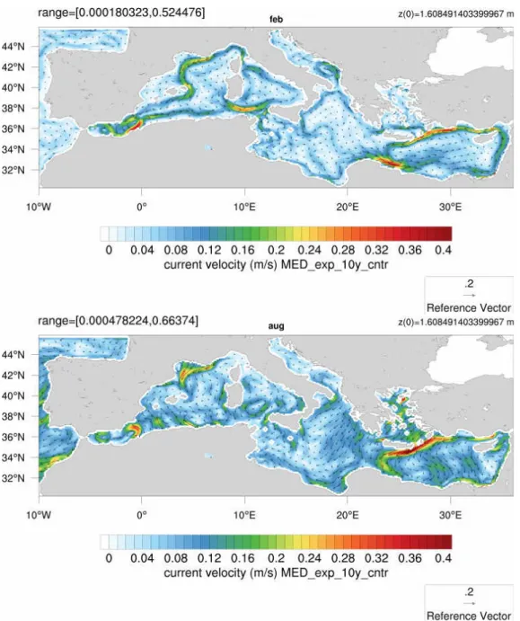 Figure 3.12: Mean Mediterranean circulation for February and August for simulation forced with CMEMS wind stress.