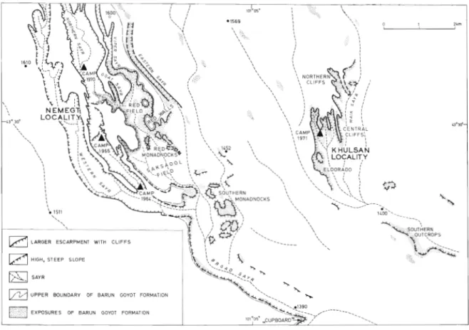 Fig. 5 - Mappa geologica relativa alla Formazione Baruungoyot (= Lower Nemegt) esposta nelle località 