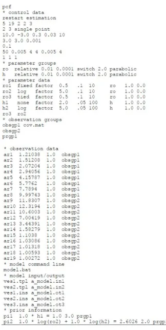 Figure 9. Example of Control file, extracted from PEST User Manual Part I, 2016. 