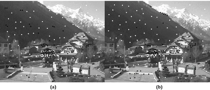 Figure 4-2 (a) , where BRIEF descriptor is used, a dozen positive  points are detected over the dark mountain on the left in an  apparently non-salient area,  while in the  image on the  right,  only three points are detected over the mountain but six can 