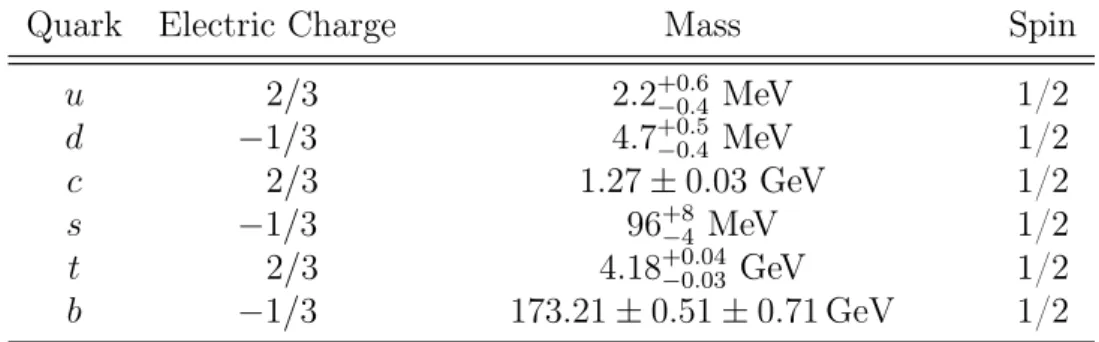 Table 2.1: Relevant physical quantities of quarks.