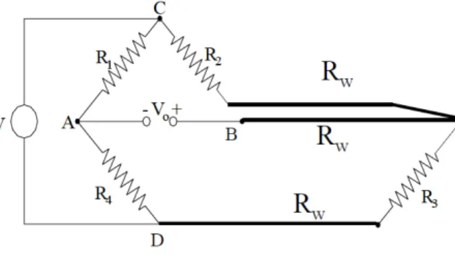 Figura 1.6: Circuito di condizionamento a ponte di Wheatstone con in evidenza le resistenze intrinseche dei collegamenti