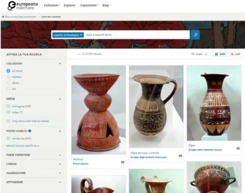 Figura  1: Ricerca nel portale Europeana reperti archeologici provenienti da diverse  collezioni Europeana 