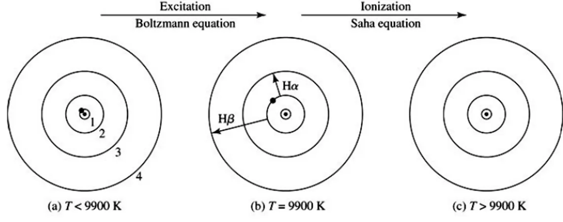 Figura 3.3: Cambiamento della popolazione dei livelli energetici dell’elettrone con l’utilizzo combinato di Boltzmann e Saha