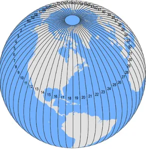 Figura 2.9: Proiezione del Mercatore Trasversale nel sistema di coordinate UTM