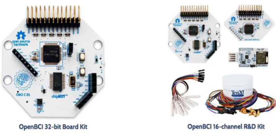 Figura 8: OpenBCI Cyton board, Daisy module, USB dongle. 
