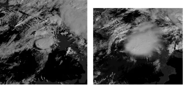 Figura 2.1: Due immagini satellitari del temporale. Si notino le dimensioni che raggiunge l’anvil a due ore dalla prima immagine, che va a coprire quasi per intero la Campania, il Molise e l’Abruzzo