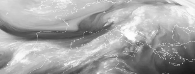 Figura 2.5: 05/09/2015 Ore 06:00 UTC - Immagini dai canali 5 e 6 di SEVIRI. Si osservano il flusso umido a tutte le quote sull’Italia centrale, mentre il fronte di aria pi` u secca, presente tra Pirenei ed Alpi,