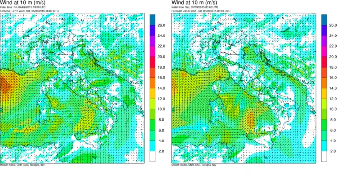 Figura 2.9: Previsione del vento per la mattina del 05/09/2015. A sinistra la previsione del 04/09 e a destra la previsione del 05/09