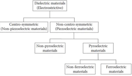 Figure 1.1: Relationshinp between crystal classes and piezo-,pyro- and ferroelectic properties [11].