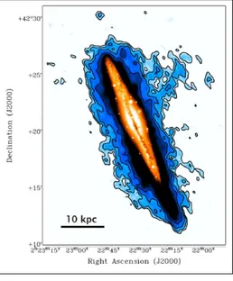 Figure 1.2: Contours of H I emission map of NGC 891 overlaid on the  op-tical image of the galaxy (Oosterloo et al