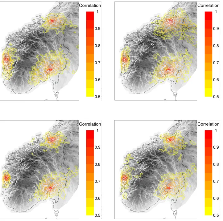 Figure 2.11: Spatial correlation of the predicted surface temperature. The monthly mean for February 2016 for four different hours (top left: 00, top right: 06, bottom left: 12, bottom right: 18) referred to the three grid points closest to stations Oslo B