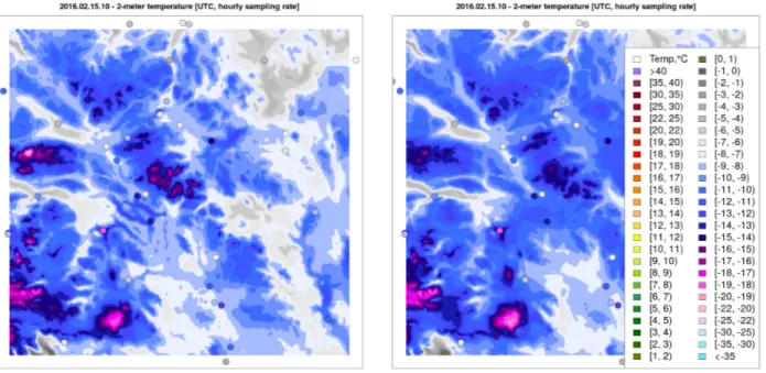 Figure 2.15: Plot of the ensemble mean of the final analysis over a restricted area in the southern Norway for D z = 200 m (left panel) and D z = 500 m (right panel).