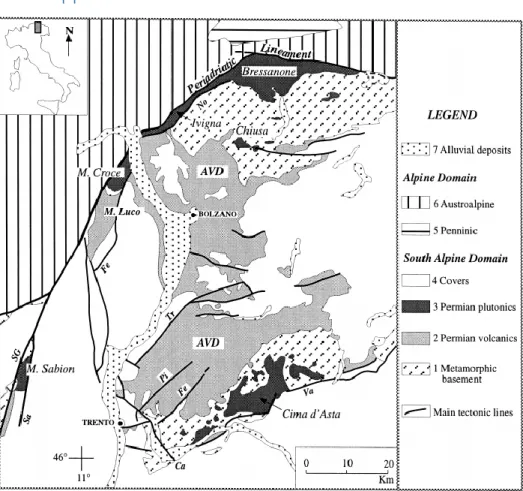 Figura 1.2 – Distribuzione areale del Gruppo Vulcanico Atesino (Marocchi et al.,2008) 