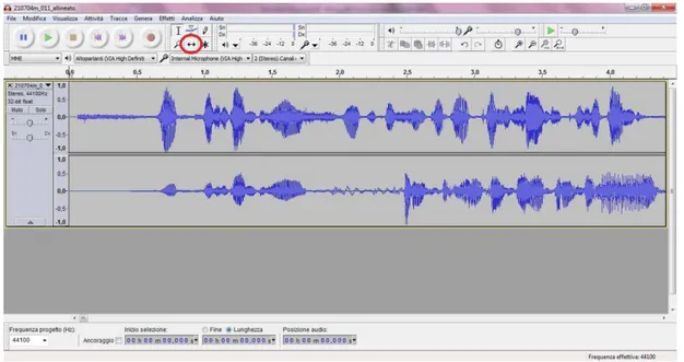 Figura 2: Allineamento delle tracce di oratore e interprete tramite il software Audacity