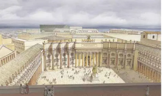 Fig. 13 - Ricostruzione del Foro di Traiano, vista dalla Basilica Ulpia. (Tratto da Roberto Meneghini, Riccardo  Santangeli Valenzani, I fori imperiali