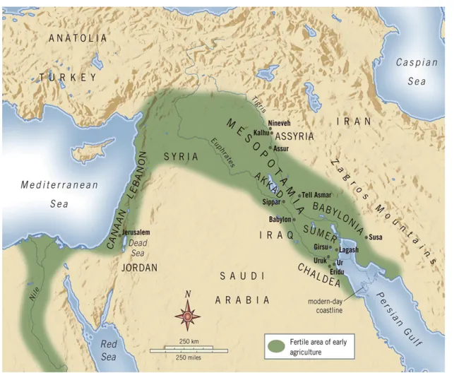 Illustrazione 1: Territorio della Mesopotamia e della Mezzaluna Fertile. Fonte  Internet  http://astroblog01.blogspot.it/2015/11/la-mesopotamia-paese-dei-molti-popoli.html.