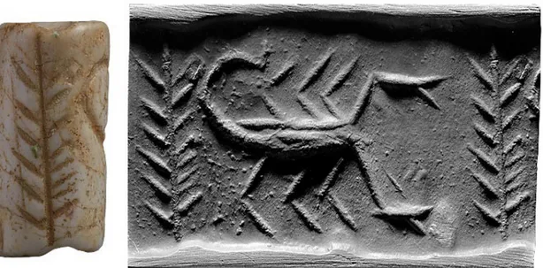 Illustrazione 3: Sigillo cilindrico con stilizzato uno scorpione, periodo sumerico. Fonte  Internet 
