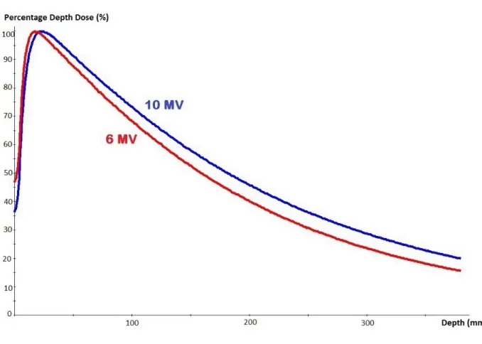 Figura 1.10: Confronto tra curve PDD relative ad energie di 6 MV e 10 MV per un campo 10x10 cm 2 .