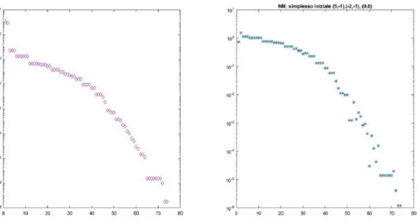 Figura 5.4: Valori della funzione ed errore relativo Nelder Mead, funzione di Rosenbrock, secondo esempio