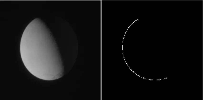 Figura 4: foto d’Encelado scattata dalla sonda Cassini, sulla sinistra si ha  l’immagine  originale,  a  destra  l’elaborato  tramite  il  metodo  Canny