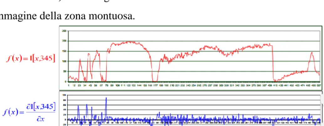 Figura 10: Viene messa in mostra la differenza tra il segnale che identifica l’immagine  lungo la linea rossa e la sua derivata