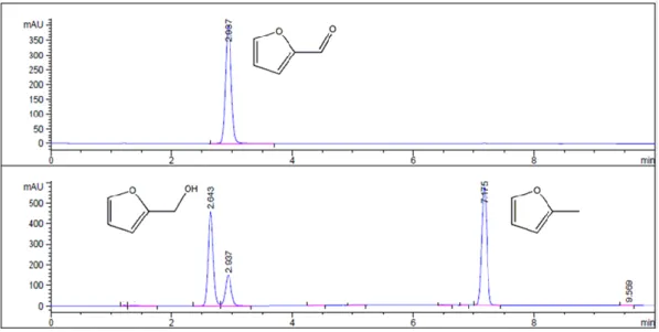 Figura 4.3. Esempio di cromatogramma HPLC (acquisito a 253 nm e 215 nm) con picchi e tempi  di ritenzione dei composti aromatici: 