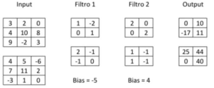 Figura 1.9: Esempio di una convoluzione: si ha un input 3 × 3 × 2 al quale vengono applicati due filtri 2 × 2 × 2 (ogni tabella di una colonna indica un livello di profondit` a)