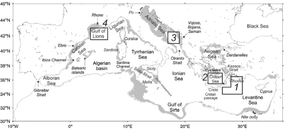 Figure 1.1: Mediterranean basin geometry and main sub-basins; the shaded areas indicate depths less than 200 m