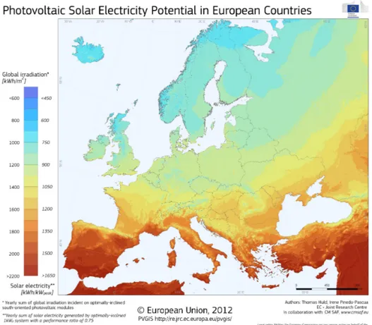 Figure 1.3: Photovoltaic Solar Electricity Potential in European countries: over most of the region, the data represent the average of the period 1998-2011