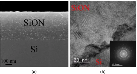 Figure 3.2: (a) SEM image of a SiO x N y layer deposited with R N 2 O = 16% , 3 h annealed [7] and (b) HR-TEM picture of a SiO x N y lm deposited with R N 2 O = 28.6%, 6 h annealed [6]