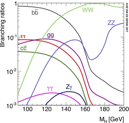 Figure 1.10: BR of the most relevant decay channels of the SM Higgs boson in the mass region near 125 GeV.