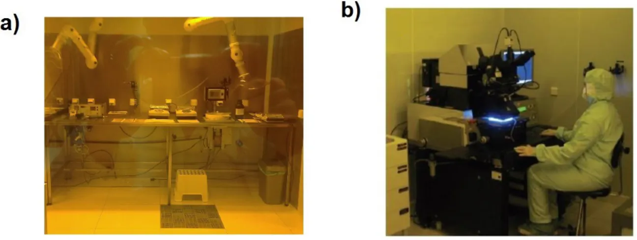 Figure 2.1: a) Picture of the Yellow zone existing at CEMOP laboratories; spin coaters and hot plates