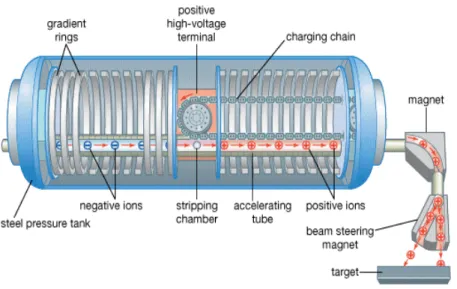 Figure 3.1: Illustration of a Tandem accelerator were the following elements can be identified: the accelerating pipe, the column which supports the high voltage terminal, the ”stripping” chamber, the ”ladderton” charging belt and last the bending magnets 