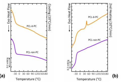 Figure  4.8:  Non-isothermal  DSC  experiments  on  block  and  random  copolymers.  (a)  cooling  curves at 10 °C/min from the melt state; (b) subsequent heating curves at 10 °C/min