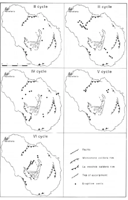 Figura	
  1.6	
  Carta	
  dell’ubicazione	
  dei	
  centri	
   eruttivi	
  di	
  attività	
  silicica,	
  dal	
  secondo	
  al	
   sesto	
  ciclo	
  (Civetta	
  et	
  al.,	
  1988)