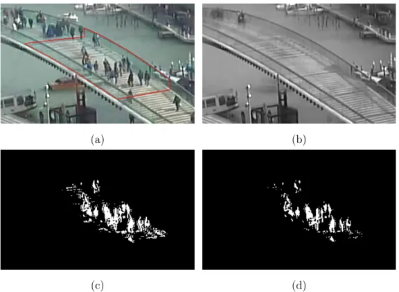 Figure 2.4: Otsu’s method is applied to the diﬀerence image between the frame (a) and the background model (b)
