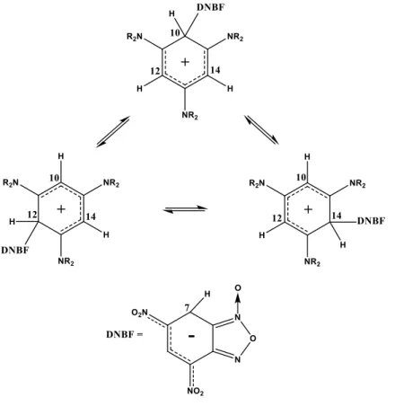 Figura  6. Spostamento  del DNBF nelle tre posizioni  equivalenti  del derivato  1,3,5- 1,3,5-tris(alchilammino)benzenico
