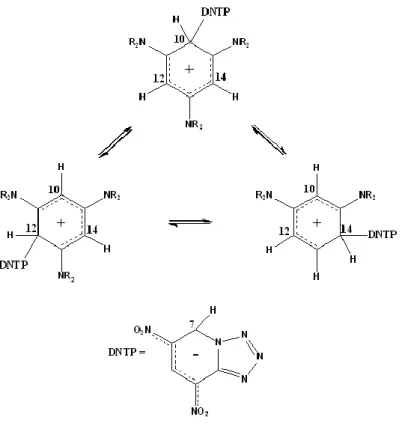 Figura  7. Spostamento  del DNTP nelle tre posizioni  equivalenti  del derivato  1,3,5- 1,3,5-tris(alchilammino)benzenico