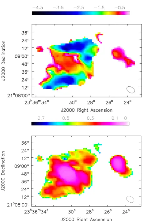 Figure 3.9: Top: 1.4-3.0 GHz spectral index map.Bottom: Relative error map