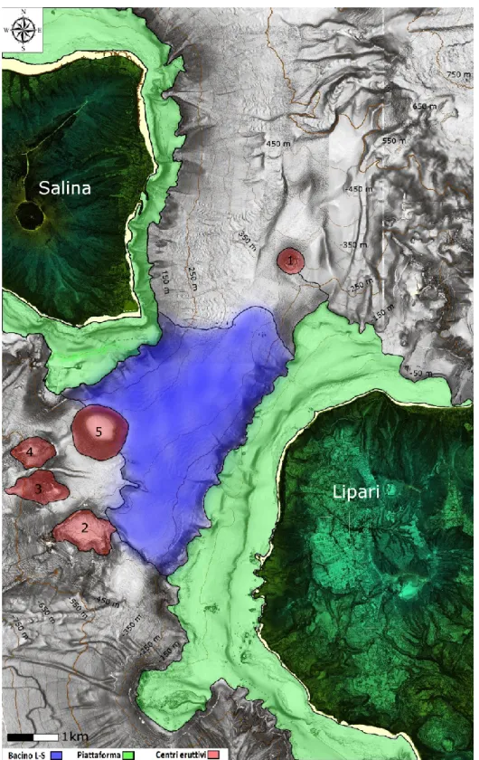 Fig. 3.1: Mappa morfologica del Canale Lipari-Salina. I centri eruttivi sono stati numerati  per associarli al relativa immagine sul profilo sismico