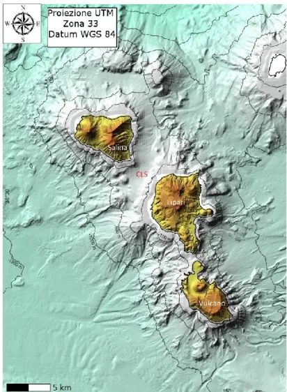 Fig.  1:  Carta  batimetrica  del  settore  centrale  delle  isole  Eolie,  comprendente  le  isole  di  Salina,  Lipari  e  Vulcano
