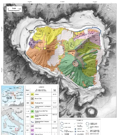 Fig. 1.3: Schema riassuntivo delle epoche eruttive dell’isola di Salina e distribuzione dei  relativi  prodotti,  sovrapposti  alla  batimetria  dei  fondali  circostanti  l’isola  (modificata  da  Lucchi et al., 2013)