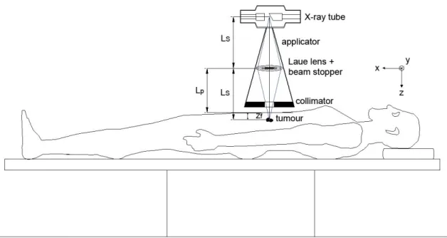 Figura 3.3: Rappresentazione schematica di un sistema radioterapico che sfrutta una lente di Laue