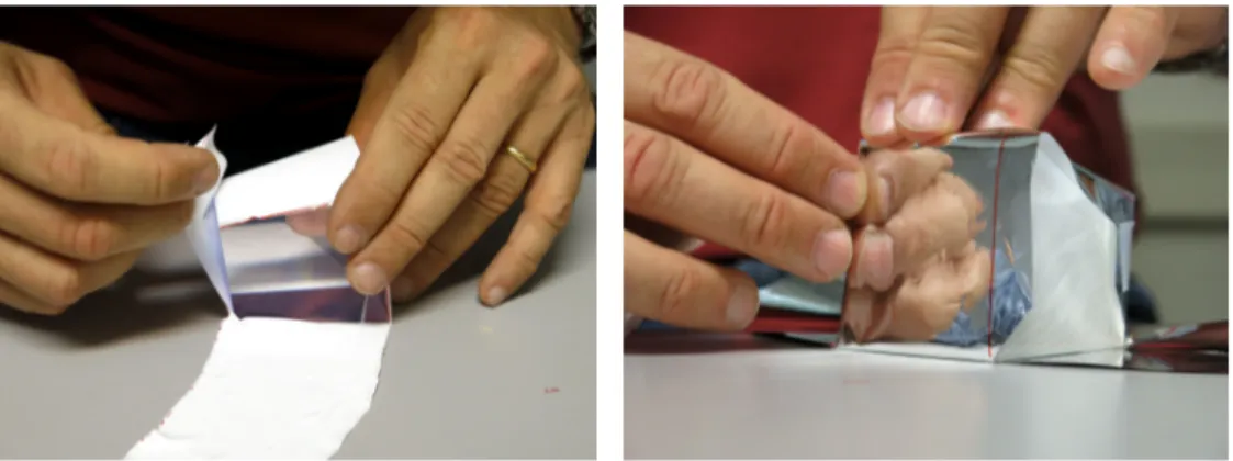 Figura 2.8: Fasi di avvolgimento dei singoli scintillatori plastici: a sinistra lo strato di teflon, a destra il successivo foglio di mylar alluminizzato.